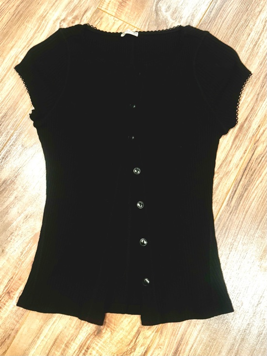 Intimately By Free People Tops - Intimately Free People Women's Black Ribbed Button-Front Short Sleeve Top